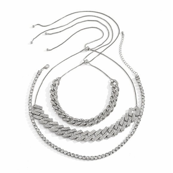 Triple Diamond Layered Necklace Set, Cuban Link Necklace, Tennis Necklace - Picture 8 of 9